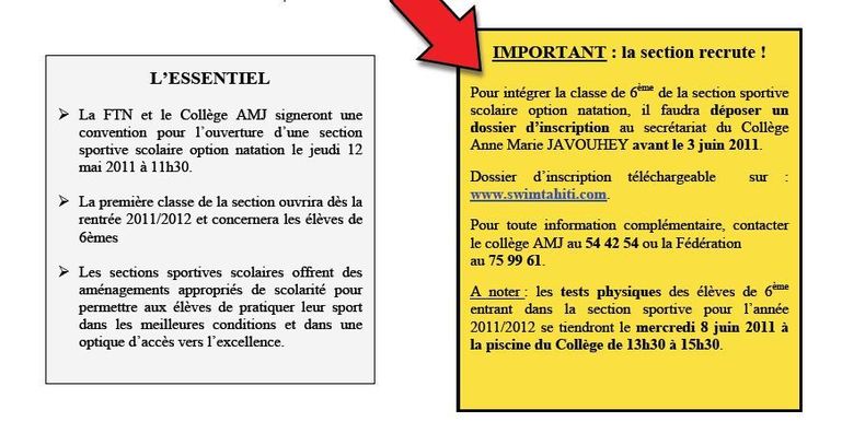 Ouverture d 'une section sportive section natation au collège Anne-Marie Javouhey