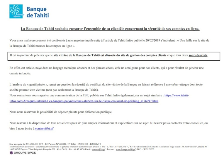 Une faille sur le site de la Banque de Tahiti menace les comptes en ligne