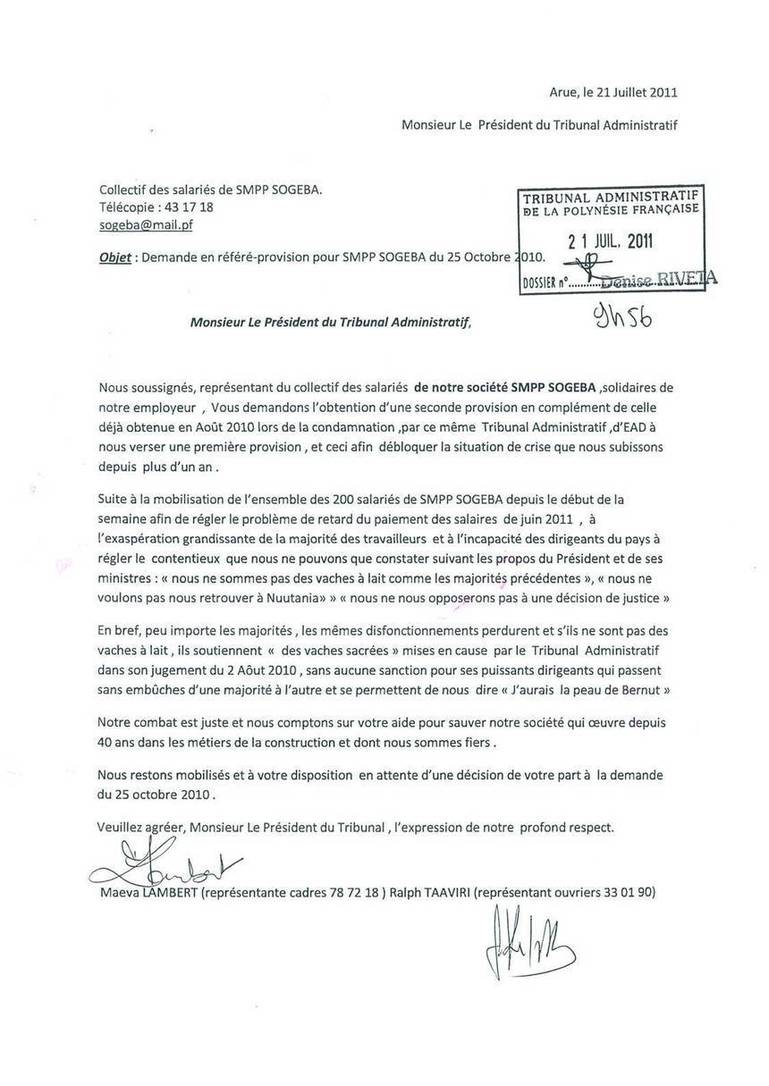 La lettre remise jeudi au Tribunal administratif par les salariés de la SMPP-Sogeba