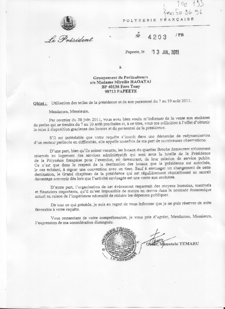 Toujours inoccupée, l'ancienne présidence ne sera pas prêtée aux perliculteurs