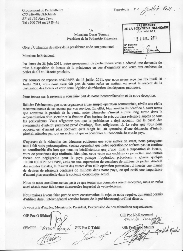 Toujours inoccupée, l'ancienne présidence ne sera pas prêtée aux perliculteurs