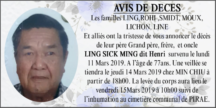 Décès de Monsieur LING SICK MING Henri Décès de Monsieur LING SICK MING Henri
