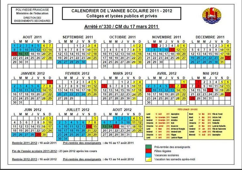 Les calendriers scolaires 2011-2012 à télécharger