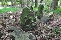 Pierre avec le visage à l'entrée du marae Taputapuatea à Tamatoa