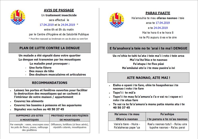 Dengue de type 2 : une pulvérisation d'insecticide est prévue ce mercredi à Oviri - Mahina