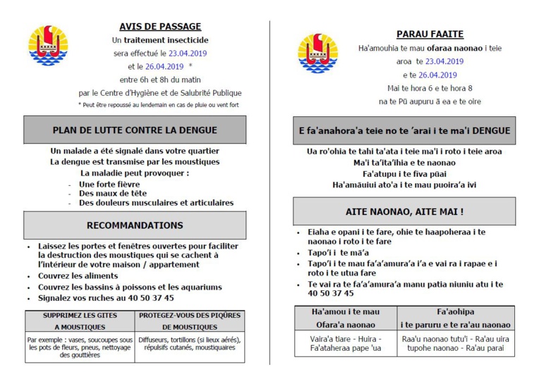 Trois nouveaux quartiers de Mahina touchés par la dengue de type 2 Trois nouveaux quartiers de Mahina touchés par la dengue de type 2