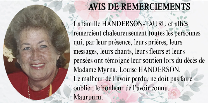 Avis de remerciements Famille HANDERSON - TAURU