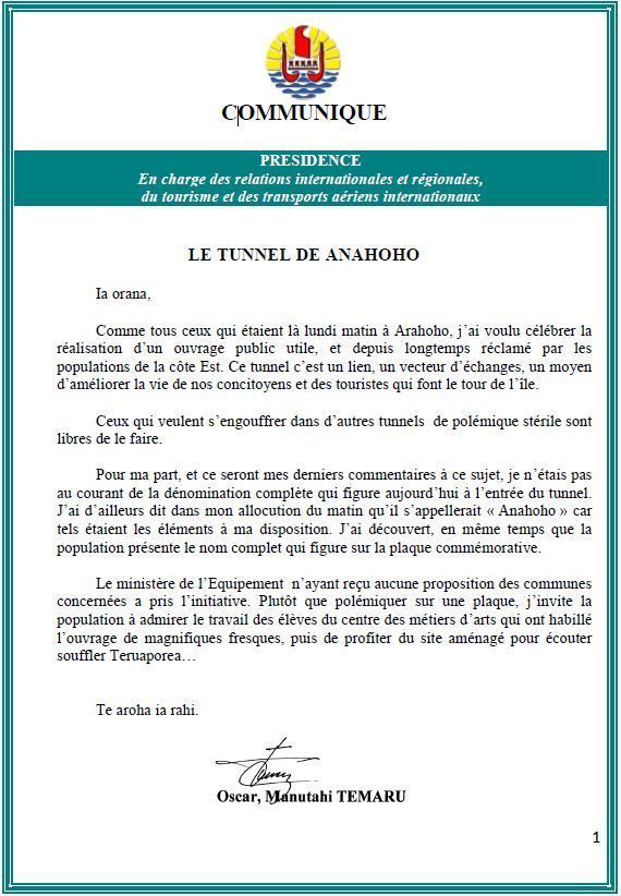 Oscar Manutahi Temaru inaugure le tunnel "O MANUTAHI I TE MARU"