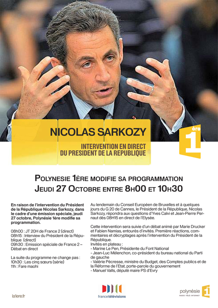 Intervention de Nicolas Sarkozy en direct - Polynésie 1ère modifie sa programmation