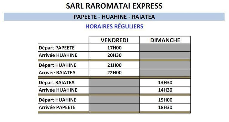 Raromatai : Horaires et tarifs de l'aremiti 4, rotations Papeete-Huahine-Raiatea