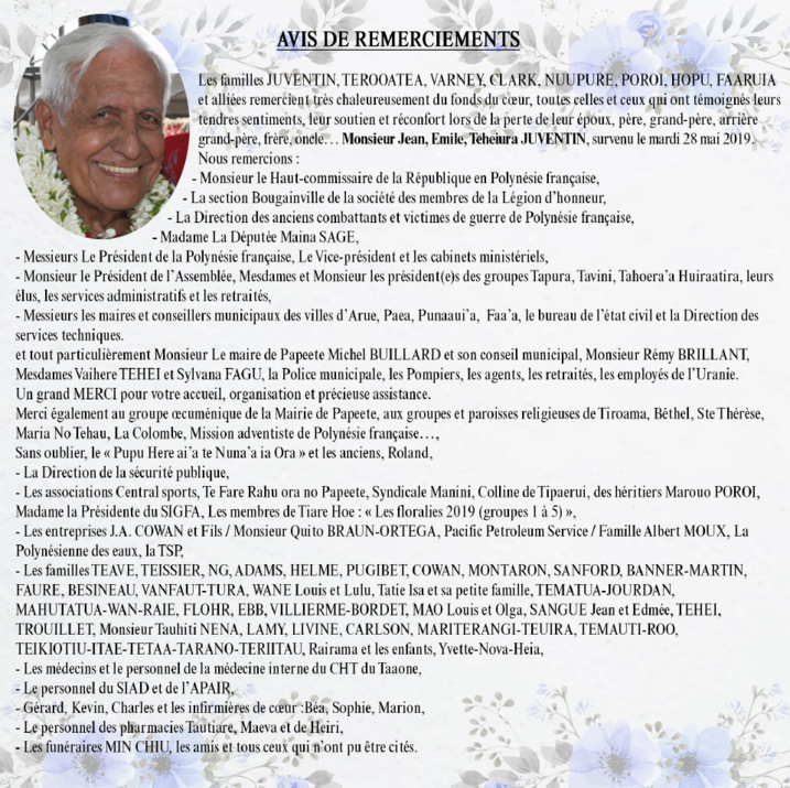 Avis de remerciements Famille JUVENTIN - TEROOATEA Avis de remerciements Famille JUVENTIN - TEROOATEA