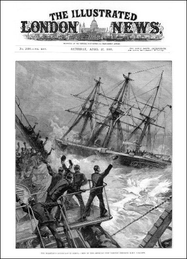 En couverture du magazine anglais “The Illustrated London News”, cette gravure montre la HMS Calliope saluée lors de sa sortie du port par l’équipage d’un navire sur le point de couler.
