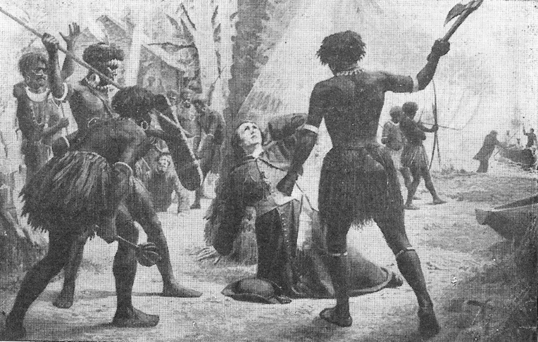 Le massacre de l’évêque, tel qu’il a été décrit à l’époque du drame. Les coups de casse-tête assénés par derrière ne lui laissèrent aucune chance. Le massacre de l’évêque, tel qu’il a été décrit à l’époque du drame. Les coups de casse-tête assénés par derrière ne lui laissèrent aucune chance.