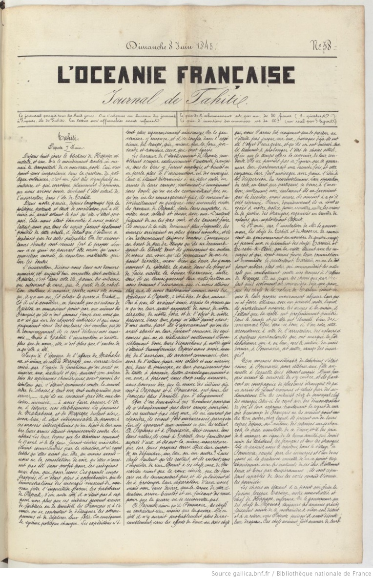 L’antépénultième exemplaire de L’Océanie Française, daté du 8 juin 1845 et portant le numéro 58. L’antépénultième exemplaire de L’Océanie Française, daté du 8 juin 1845 et portant le numéro 58.