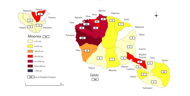 Le nombre de cas constaté de dengue de type 2 constaté à Tahiti et Moorea depuis février 2019.