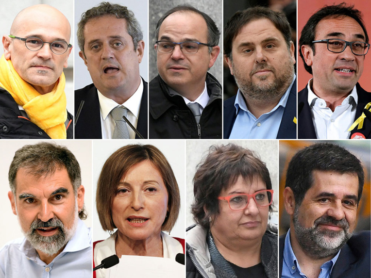 De haut gauche à bas droite : Raul Romeva, Joaquim Forn, Jordi Turull, Oriol Junqueras, Josep Rull, Jordi Cuixart, Carme Forcadell, Dolors Bassa et Jordi Sanchez.