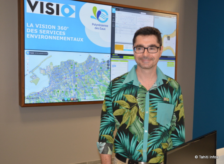 Le centre VISIO permet d'afficher en direct l'état des réseaux d'eau et des installations techniques de la Polynésienne des Eaux. Le centre VISIO permet d'afficher en direct l'état des réseaux d'eau et des installations techniques de la Polynésienne des Eaux.