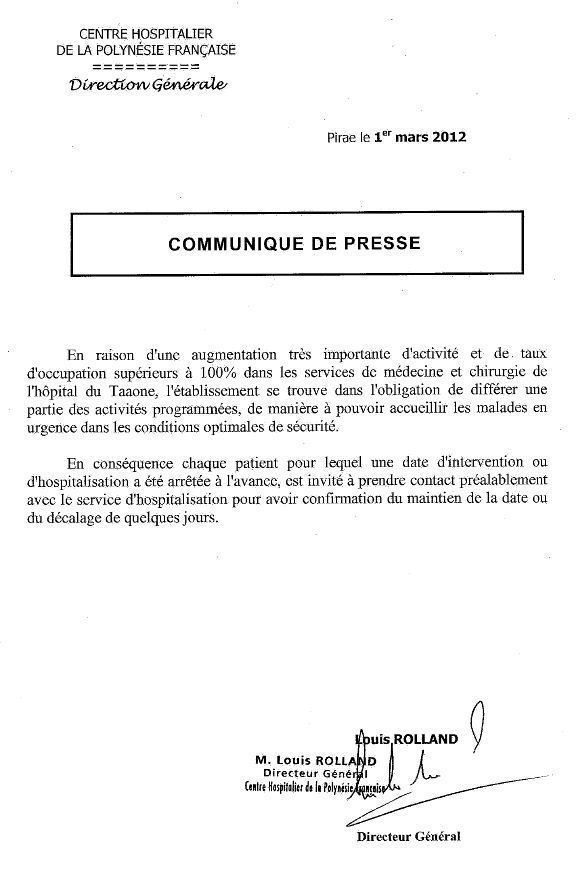 Communiqué de l'hôpital du Taaone