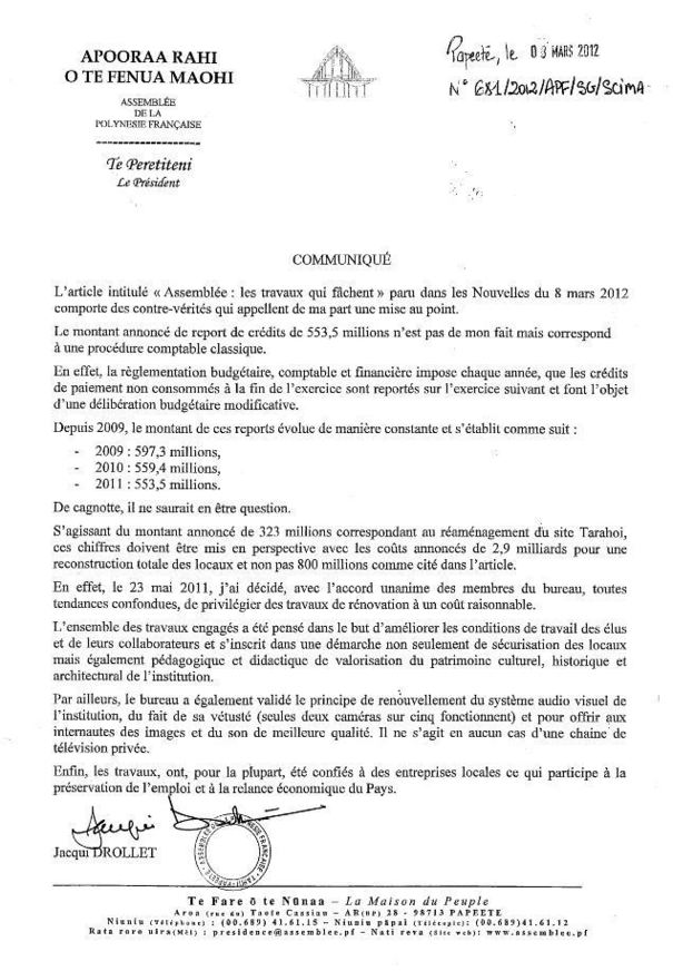 Travaux à l'Assemblée: Jacqui Drollet répond à la Presse