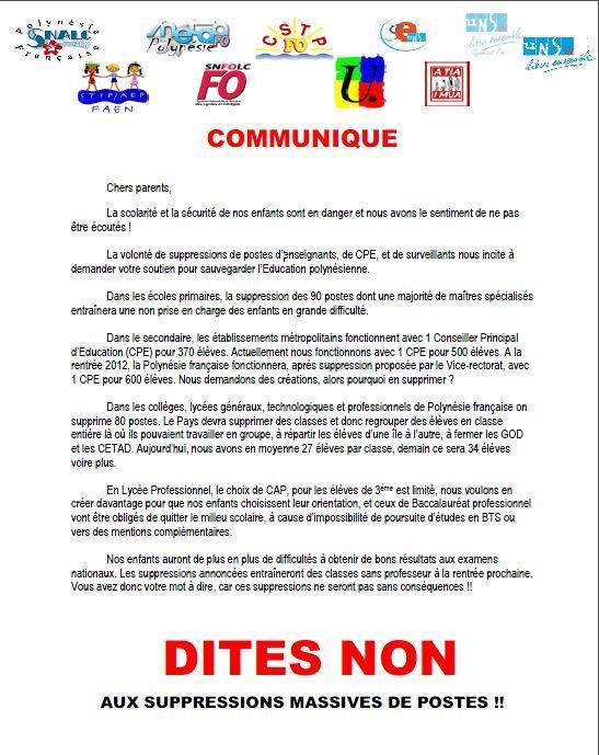 Education: communiqué de l'intersyndicale : "dites NON aux suppressions massives de postes!"