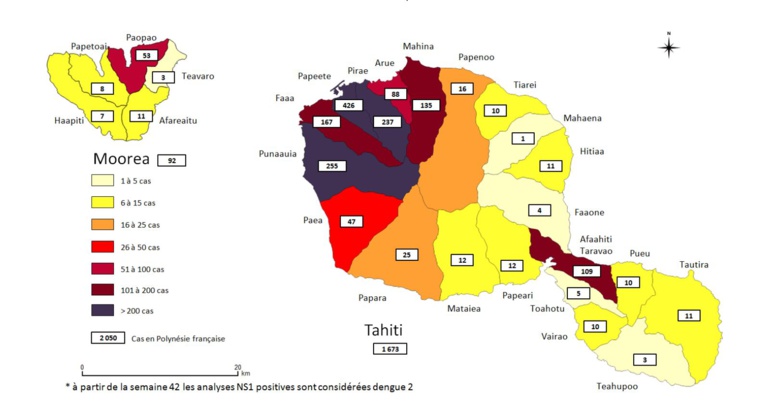 Répartition des cas de dengue 2 du 10 février au 17 novembre 2019 dans les îles du Vent. Répartition des cas de dengue 2 du 10 février au 17 novembre 2019 dans les îles du Vent.