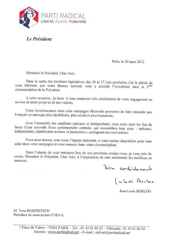 Jean-Louis BORLOO et le Parti Radical accordent leur confiance au candidat Député Teva ROHFRITSCH et au mouvement O’HIVA