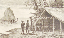Cette ancienne gravure du XIXe siècle montre des Salomonais, plus précisément des « Salt Water People » devant leur case, avec des têtes en guise de trophées.