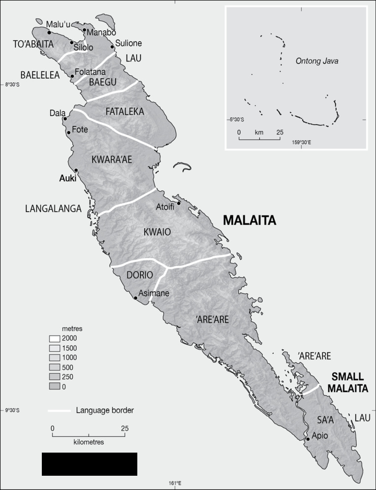 Sur cette carte de l’île de Malaita, on aperçoit, à l’extrême nord-est une petite île au large du village de Manabo. C’est sur cette île que Renton passa quelques années et devint coupeurs de têtes.