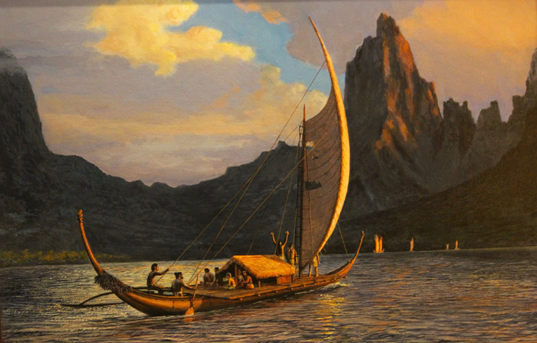L’une des toiles les plus célèbres d’Herb Kawainui Kane, l’entrée de cette pirogue de Rurutu dans l’une des baies de Moorea. L’une des toiles les plus célèbres d’Herb Kawainui Kane, l’entrée de cette pirogue de Rurutu dans l’une des baies de Moorea.