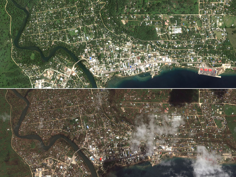 Comparaison de photos satellite prises au-dessus de Luganville, au Vanuatu, le 7 septembre 2019 (en-haut) et le 10 avril 2020.