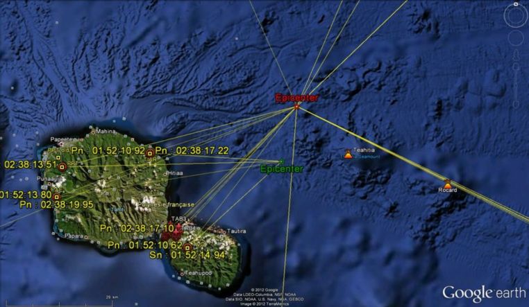 Nb : localisé en vert, l'épicentre d'un mini séisme détecté jeudi matin 16 par le laboratoire de géophysique mais non ressenti par la population. En Polynésie, les sismographes détectent une centaine de séisme de magnitude inférieure à 2, chaque année.