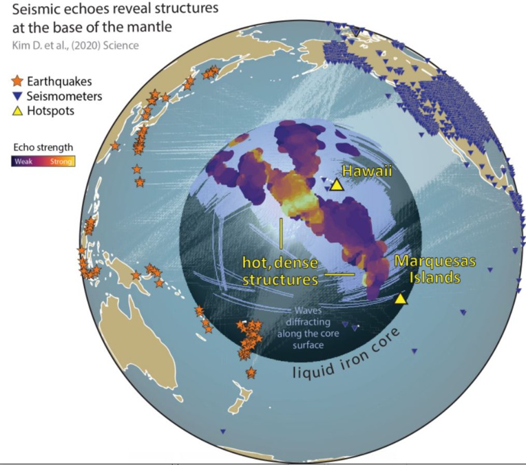 Illustration en coupe du phénomène de diffraction des ondes sismiques (DR/University of Maryland).