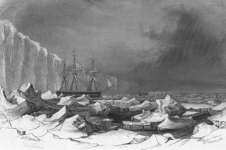 L’USS Peacock dans les glaces de l’Antarctique ; les Américains n’apprécièrent pas d’y rencontrer Dumont d’Urville qui avait pris possession, au nom de la France, de la Terre Adélie cinq jours avant leur arrivée sur les côtes antarctiques (gravure due à Alfred Thomas Agate).