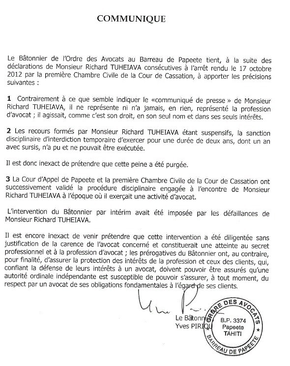 L'ordre des avocats réagit à l'intervention de Richard Tuheiva