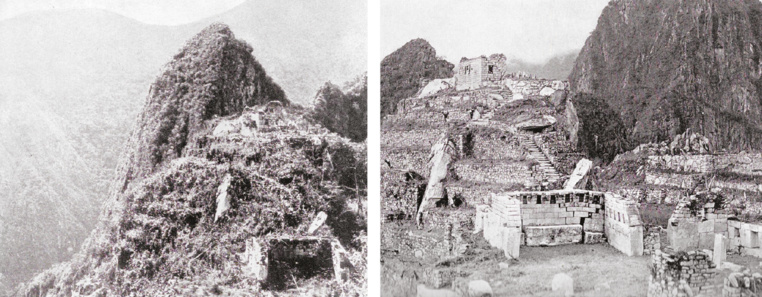 Deux parties de la ville du Machu Picchu, la première telle qu’elle apparut à Hiram Bingham en 1911 et l’autre telle qu’elle se présentait après un an de nettoyage  (Photo Hiram Bingham, National Geographic avril 1913. Col DP).