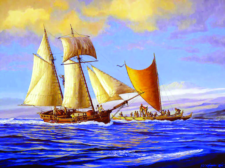 Le célèbre peintre hawaiien Herb Kane a ainsi imaginé l’attaque du Fair American ; tout l’équipage fut massacré à l’exception du jeune Isaac Davis, futur bras droit de Kamehameha.
