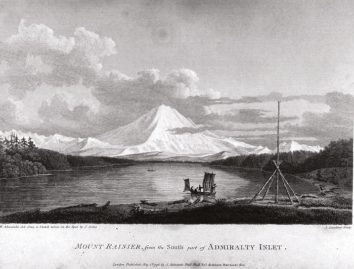 Dans l’Etat de Washington, Vancouver fit escale devant les neiges du mont Rainier ; il avait nommé ainsi ce volcan en hommage à son ami le contre-amiral Peter Rainier. Son nom indien signifiait “là où naissent les eaux”.