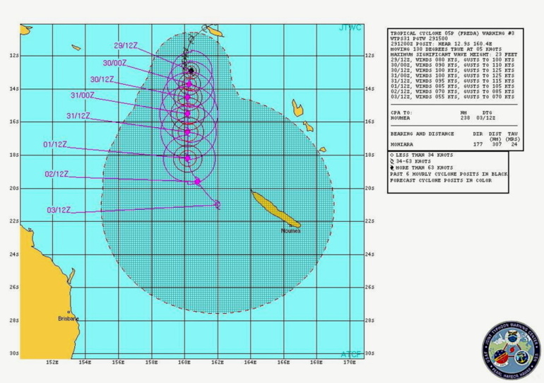 Trajectoire observée et anticipée du cyclone tropical Freda au 29 décembre 2012 à 21h00 GMT. (Source : centre régional d’alerte cyclonique de la marine américaine -Joint Typhoon Warning Centre, JTWC-)