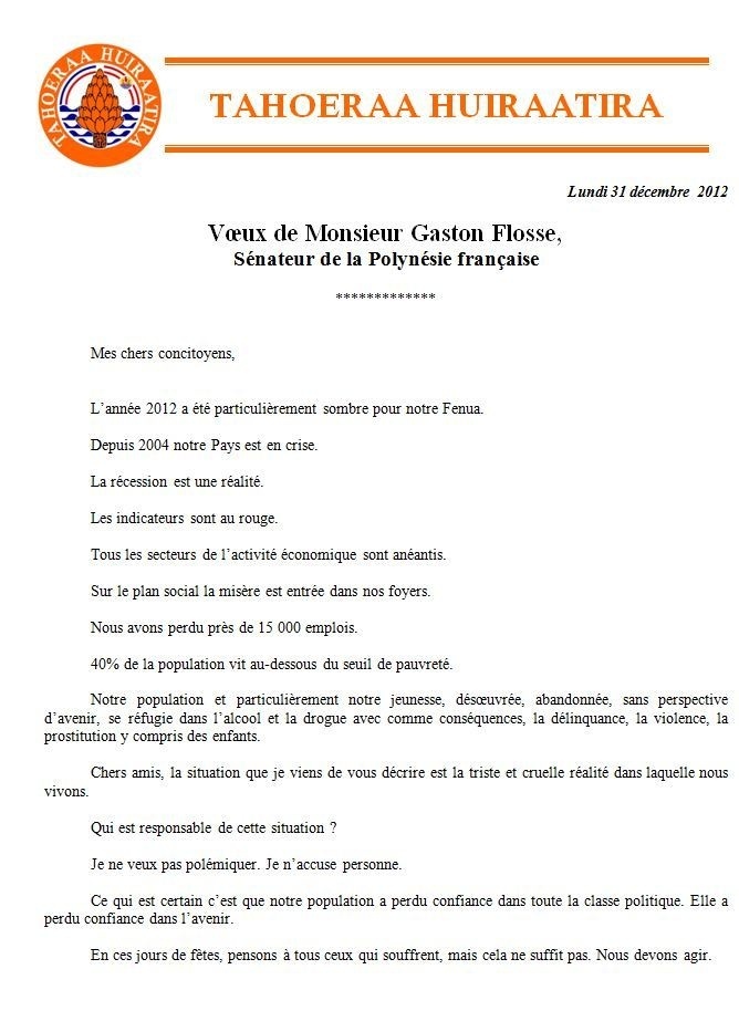 Les voeux du sénateur Gaston Flosse à la population