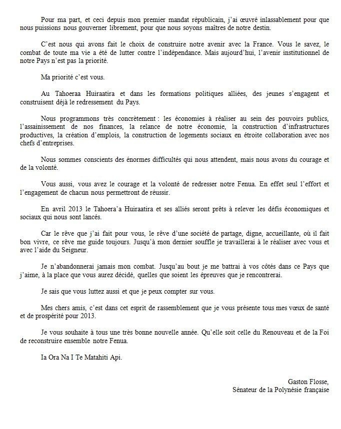 Les voeux du sénateur Gaston Flosse à la population