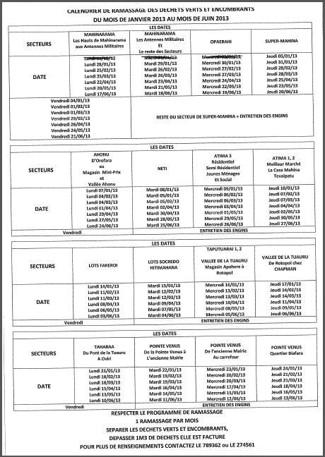 Mahina: Organisation du ramassage des déchets de Janvier à juin 2013