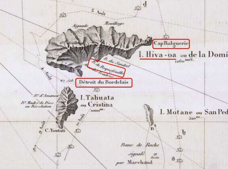 Sur cette carte ancienne, on peut voir les secteurs de Hiva Oa explorés par de Roquefeuil, le bras de mer séparant Tahuata de Hiva Oa ayant pris alors le nom de détroit du Bordelais pour devenir aujourd’hui le canal du Bordelais.