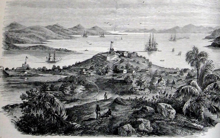 La rade de Port-de-France dessinée à partir d’un croquis ramené par un militaire en poste sur place. La rade de Port-de-France dessinée à partir d’un croquis ramené par un militaire en poste sur place.