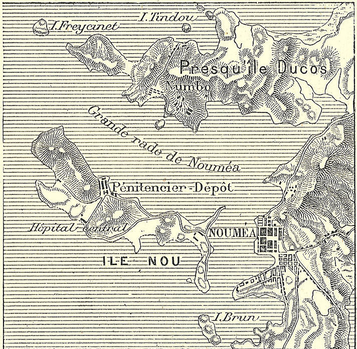 Une des premières cartes de Nouméa élaborée au XIXe siècle. On comprend que la rade était  (et est toujours) particulièrement bien protégée.