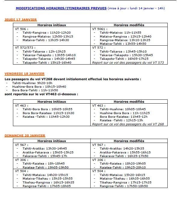 AIR TAHITI: modifications des vols des 17, 18 et 20 janvier