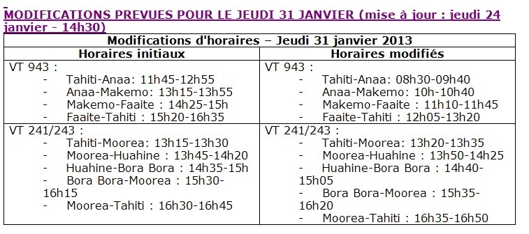 Modification du programme vols AIR TAHITI du 29 janvier au 13 février