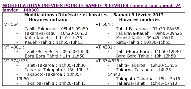 Modification du programme vols AIR TAHITI du 29 janvier au 13 février