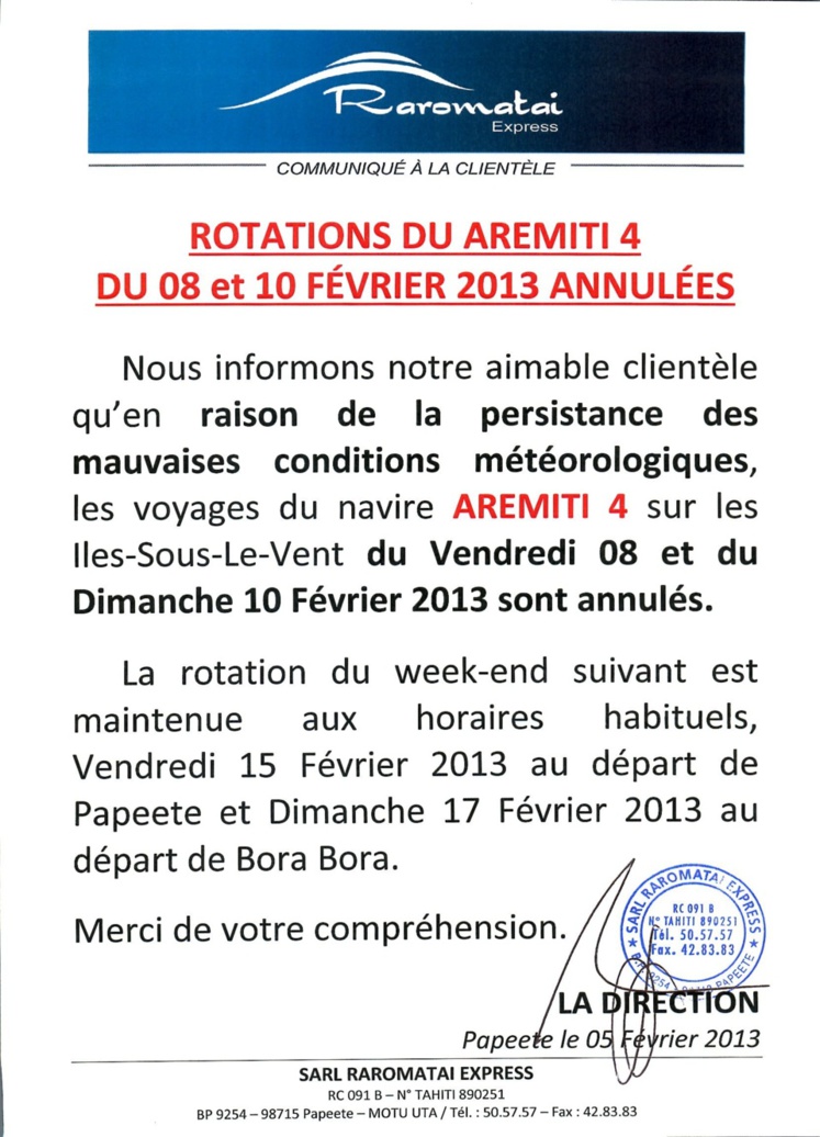 Rotations du Aremiti 4 du 8 et 10 février annulées