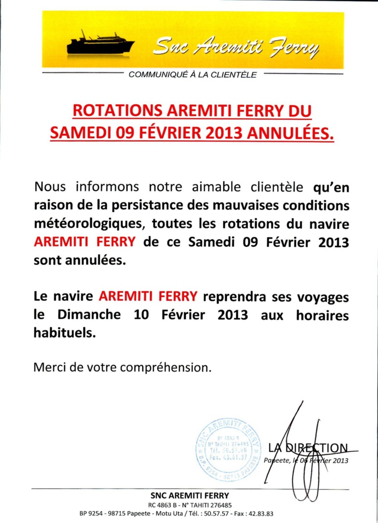 Rotations du Aremiti Ferry du samedi 9 février annulées Rotations du Aremiti Ferry du samedi 9 février annulées