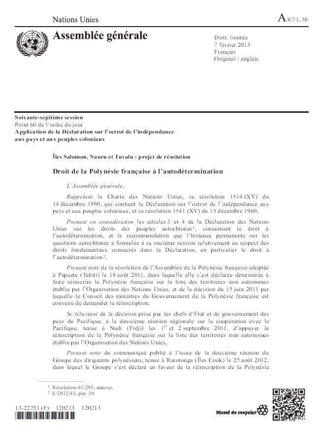 Réinscription: Le texte du projet de résolution L56 déposé à l'ONU